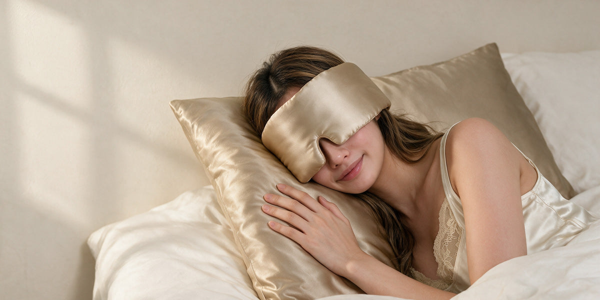 Debbie asleep on a Mid9ight champagne silk pillowcase wearing a silk eye mask